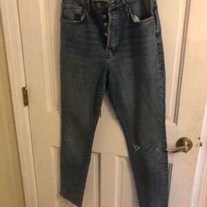 Free People Jeans Medium Blue Straight Leg with Button Fly Distressed